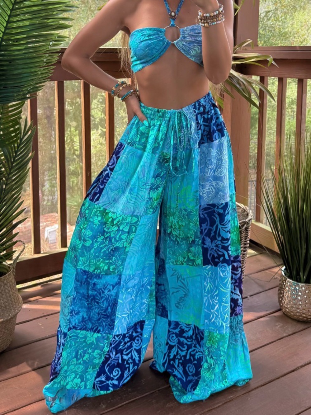 Ordinary Selenophile - Boho Isla Wide-Leg Patchwork Pants - Turquoise Blue